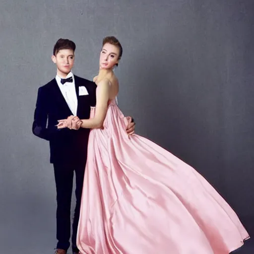 Image similar to A very handsome young man is modeling a beauful and elegant prom dress, made to fit a male body, masculine pose.