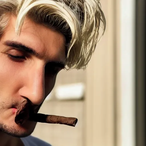 Prompt: a closeup photo of handsome gigachad xqc smoking a cigar