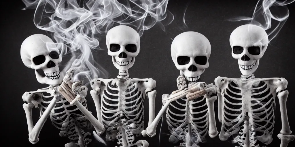 Prompt: Skeletons smoking cigars, professional photography, visible smoke