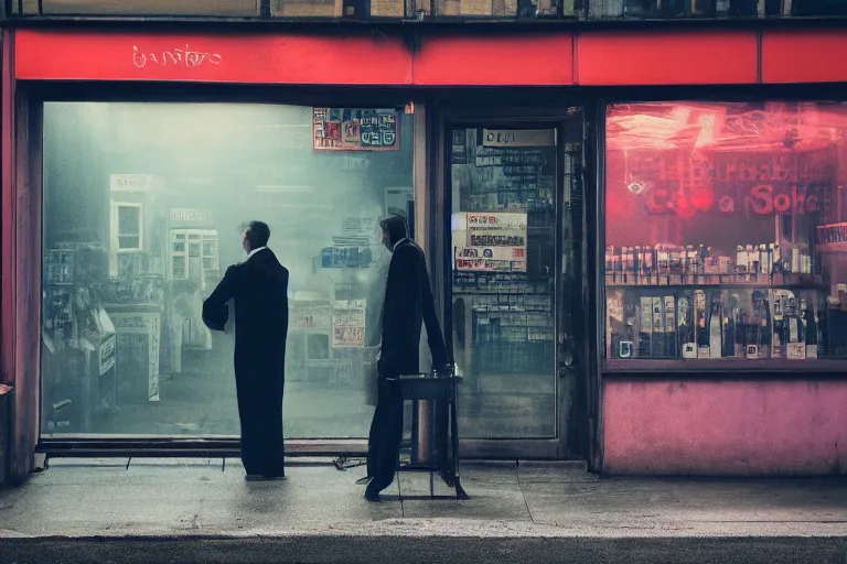 Image similar to an ultra realistic colour cinematic headshot portrait of an evil scientist, stood outside a corner shop, foggy, colour, detailed, deep focus, movie still, dramatic lighting, by fay godwin