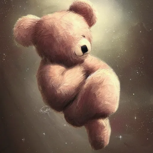 Image similar to ragged and torn teddy bear floating in space, highly detailed, Charlie Bowater character art,