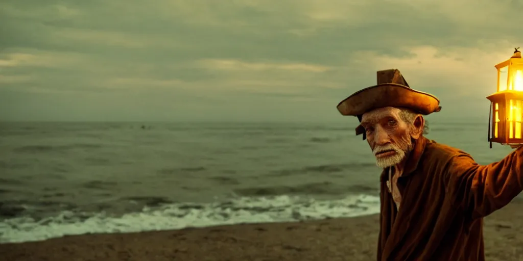 Image similar to film still of closeup old man holding up lantern by his beach hut at night. pirate ship in the ocean by emmanuel lubezki