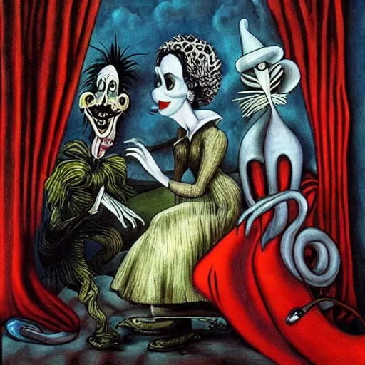 Prompt: tim burton and dr seuss dark surrealism painting., detailed, elegant, intricate, 4 k, renaissance painting