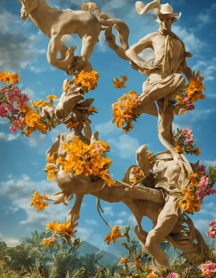 Image similar to a cowboy turning into blooms. tropical sea slugs, tractor tires. complementary colors. national geographic. 8 k, rendered in octane, smooth gradients. sculpture by antonio canova