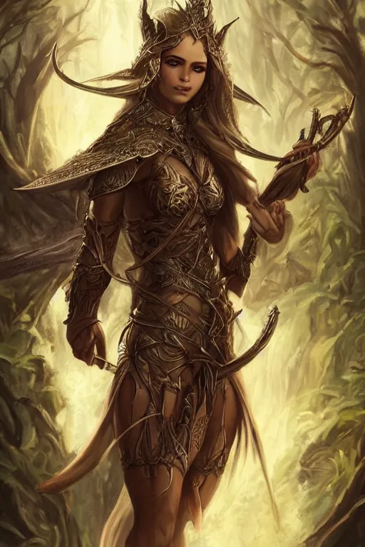 Prompt: Epic painting of a fierce female elven warrior blessed by the light of the forest, D&D, fantasy, intricate, elegant, highly detailed, digital painting, artstation, concept art, smooth, sharp focus, illustration, art by artgerm