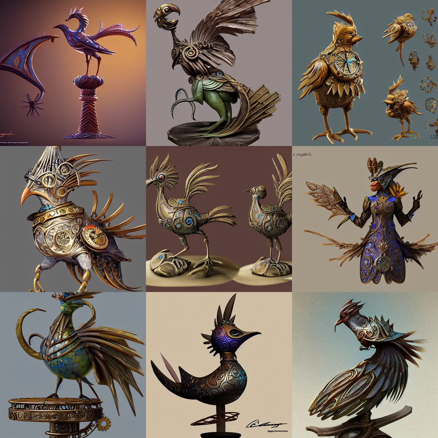 Prompt: concept art, filigre bird figurine. detailed, elegant high quality, dynamic lighting, kaladesh, steampunk, cogs, fantasy. artwork by craig j spearing, greg rutknowski