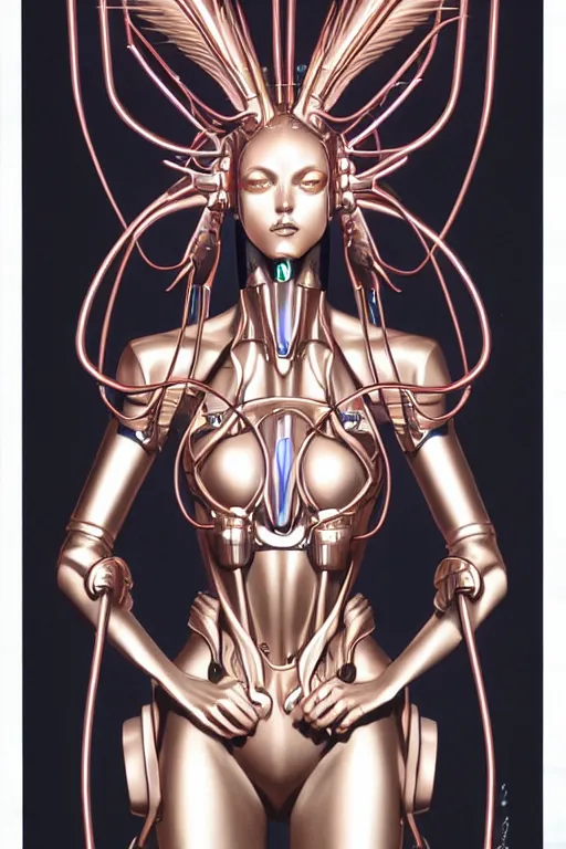 Image similar to a portrait of a phoenix Gynoid by Hajime Sorayama, highly detailed, trending on artstation