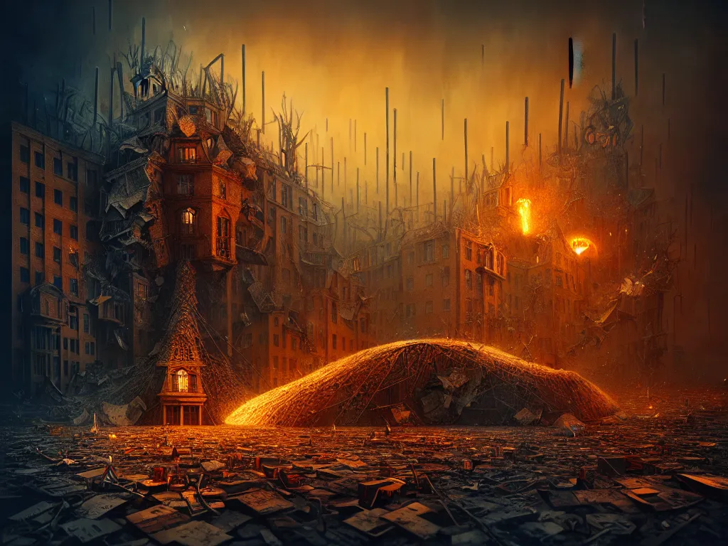 Prompt: highly detailed photo of destruction, trending on deviantart, neo surrealism, sharp focus, 4 k, a lot of little details, octane, masterpiece, art by remedios varo