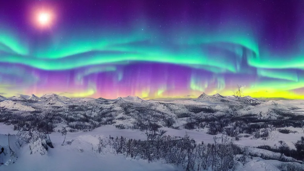 Image similar to ignis fatuus, aurora borealis, mountains in the distance, multiple moons, future city