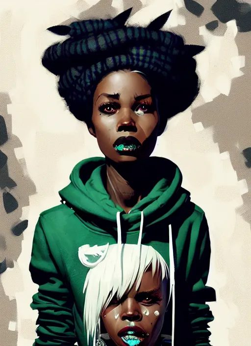 Image similar to highly detailed portrait of a sewer punk african lady, tartan hoody, white afro hair by atey ghailan, by greg rutkowski, by greg tocchini, by james gilleard, by joe fenton, by kaethe butcher, gradient cyan, brown, blonde cream and white color scheme, grunge aesthetic!!! ( ( graffiti tag wall background ) )