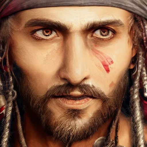 Prompt: Extremely detailed photo-realistic 3d matte portrait painting of A Beautiful Pirate man, squinting in a thin shaft of very bright sunlight striking her eyes though the dusty astmosphere, by Claudia Bravo, face center close-up