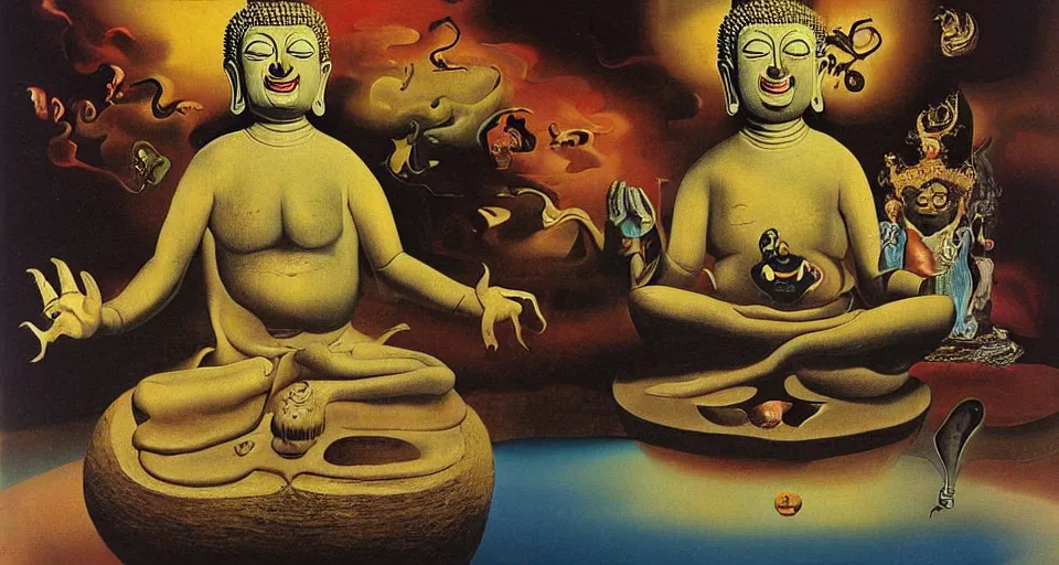 Prompt: Laughing buddha at the edge of the multiverse by Salvador Dali, highly detailed, surreal