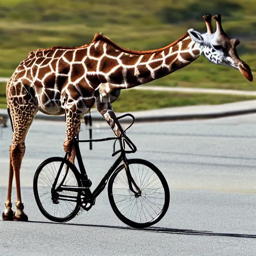 Image similar to a giraffe riding a bicycle