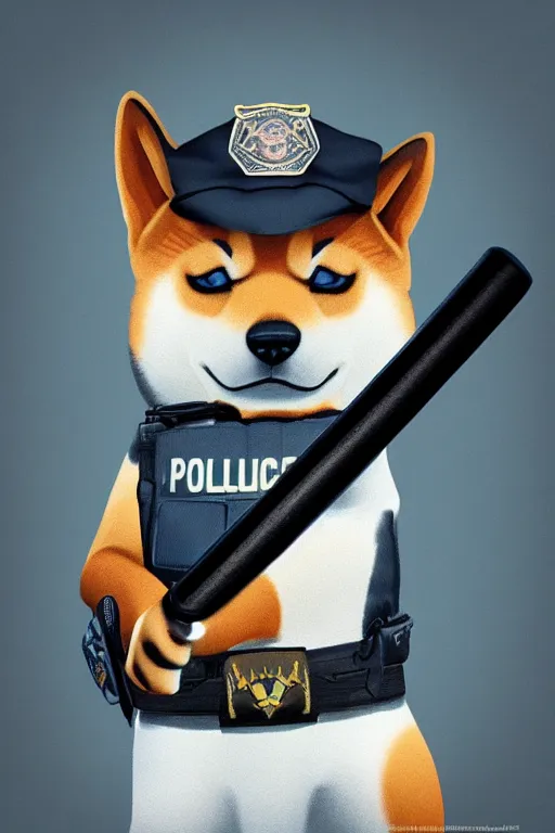 Prompt: shiba inu wearing a police uniform, holding a baseball bat on his hand, highly detailed digital art, atmosphere, glow, lens flare, cinematic lightning, hyperrealistic, focused, extreme details, 4 k, ultra detailed, trending on artstation, masterpiece, digital art.