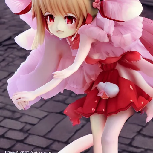 Image similar to Manga cover portrait of an extremely cute and adorable beautiful Flandre Scarlet posing for the camera in Bruges, 3d render diorama by Hayao Miyazaki, official Studio Ghibli still, color graflex macro photograph, Pixiv, DAZ Studio 3D