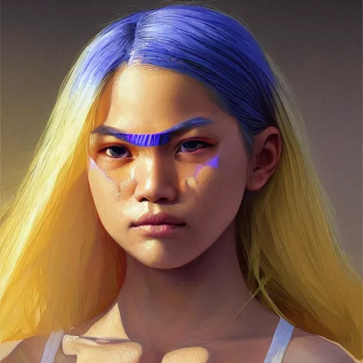 Prompt: filipino girl with blue - yellow hair and a nose band aid, metal bandaid in the nose, highly detailed, digital painting, artstation, concept art, smooth, sharp focus, illustration, art by artgerm and greg rutkowski and alphonse mucha