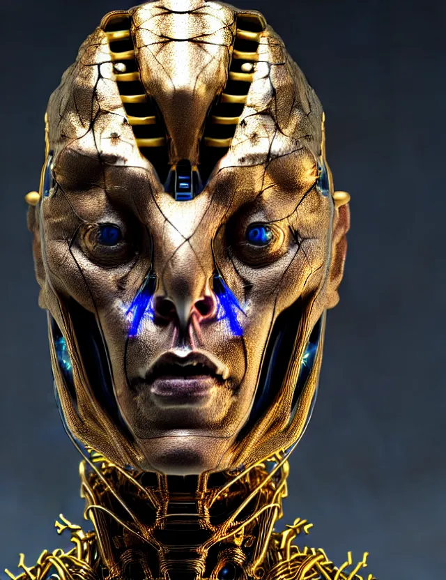 Prompt: complex 3 d face of elon musk face photo, blue gold and black, fractal veins. dragon cyborg, 1 5 0 mm, beautiful natural soft light, rim light, fractal details, fine lace, mandelbot fractal, anatomical, glass, facial muscles, elegant, ultra detailed, metallic armor, octane render, depth of field