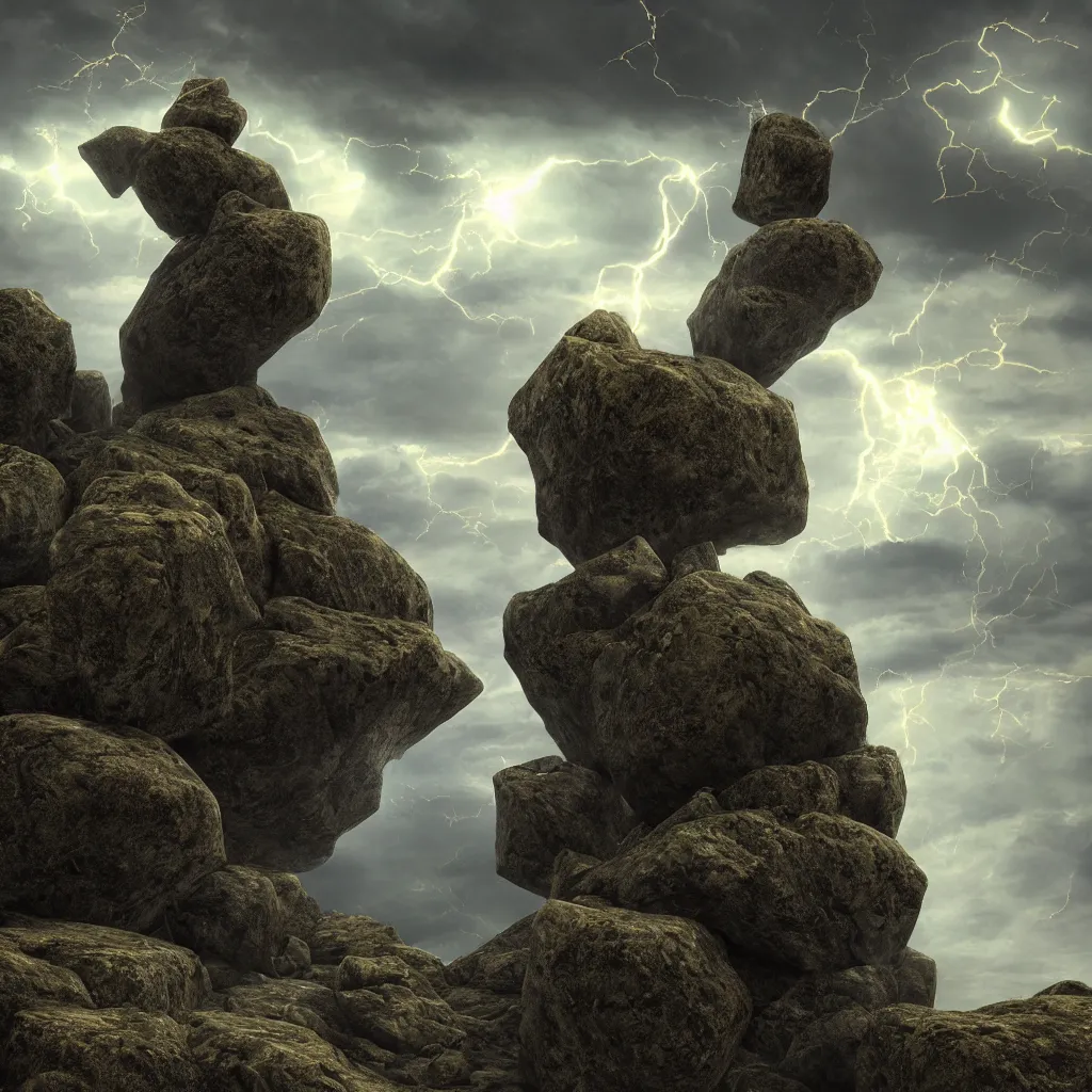 Image similar to Photorealistic epic landscape with magically floating rocks, with ominous storm clouds, strange levitating stones, stones falling from the sky, a gentle rising mist. occult photorealism, UHD, amazing depth, glowing, golden ratio, 3D octane cycle unreal engine 5, volumetric lighting, cinematic lighting, in the style of Michael Whelan and Gustave Dore. Hyperdetailed photorealism, epic scale, misty, 108 megapixels, amazing depth, glowing rich colors, powerful imagery, psychedelic Overtones, concept art