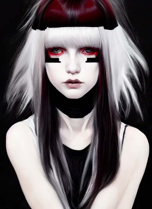 Image similar to portrait of white teenage girl, normal face, black bangs, mall goth, cyberlox, black and white hair, bangs, fluffy bangs, red contacts, intricate, elegant, highly detailed, digital painting, artstation, concept art, sharp focus, smooth, illustration, art by wlop, mars ravelo and greg rutkowski