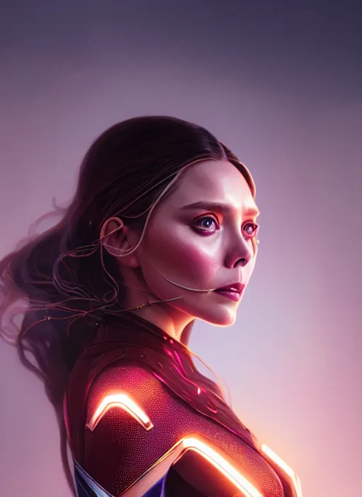 Image similar to portrait of modern darna, elizabeth olsen, intricate, elegant, glowing lights, highly detailed, digital painting, artstation, glamor pose, concept art, smooth, sharp focus, illustration, art by wlop, mars ravelo and greg rutkowski