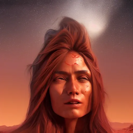 Image similar to Still of a Martian woman with gorgeous flowing hair on Mars, sitting on a Martian rock, photorealistic facial features, reddish atmosphere with detailed highlights, dark gloomy sky cascading upon the atmosphere, well-detailed ornate Martian mountains in the background, trending on artstation, 4k, 8k