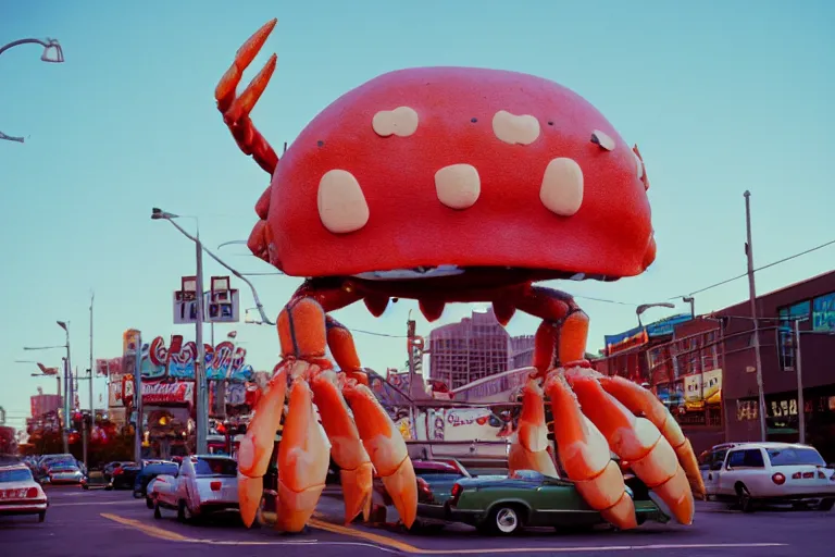 Image similar to 2 0 1 5 cute giant crab terrorizing a city, googie city, americana, fishcore, exterior photography, hd 8 k, photography cinestill