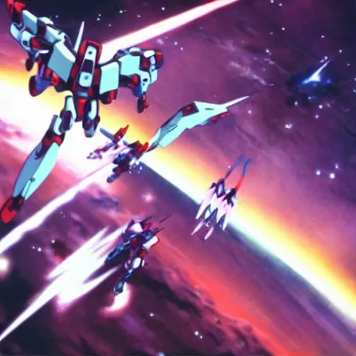 Image similar to cinematic scene of evangelion gundams fighting in space