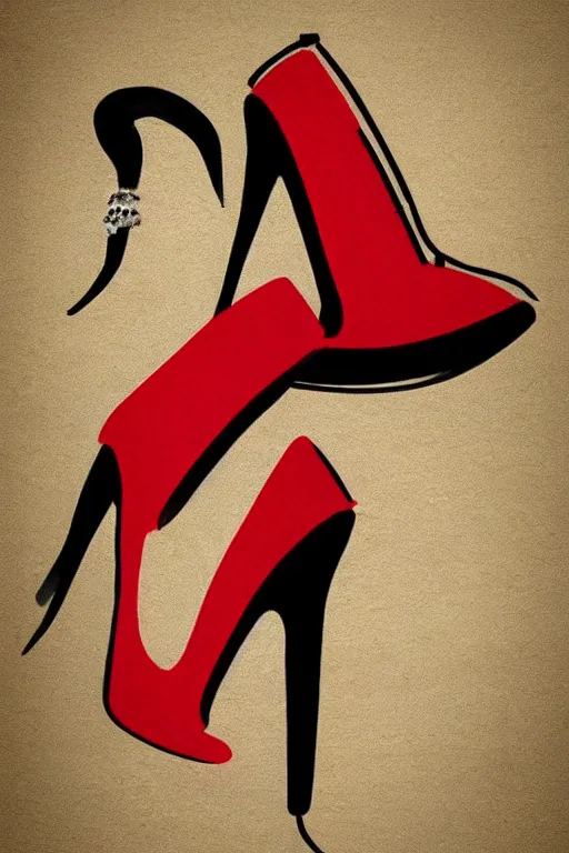 Image similar to black high heels with red bottoms, illustration, graphic design, high fashion, wall art, elegant, pop art style,