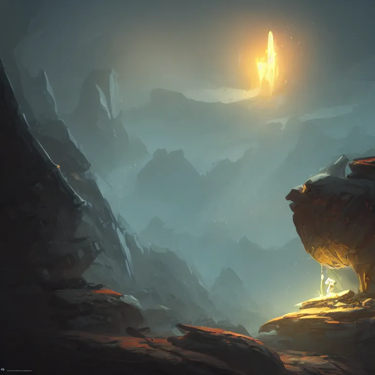 Image similar to Excalibur stuck in rocks, concept art in the style of Diego Gisbert Llorens, dramatic lighting, highly stylized, trending on artstation, high-quality wallpaper, desktopography