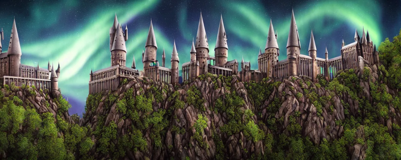 Image similar to Hogwarts in the mountains, forest, at night, blue aurora, shooting stars, matte painting, award winning, highly detailed