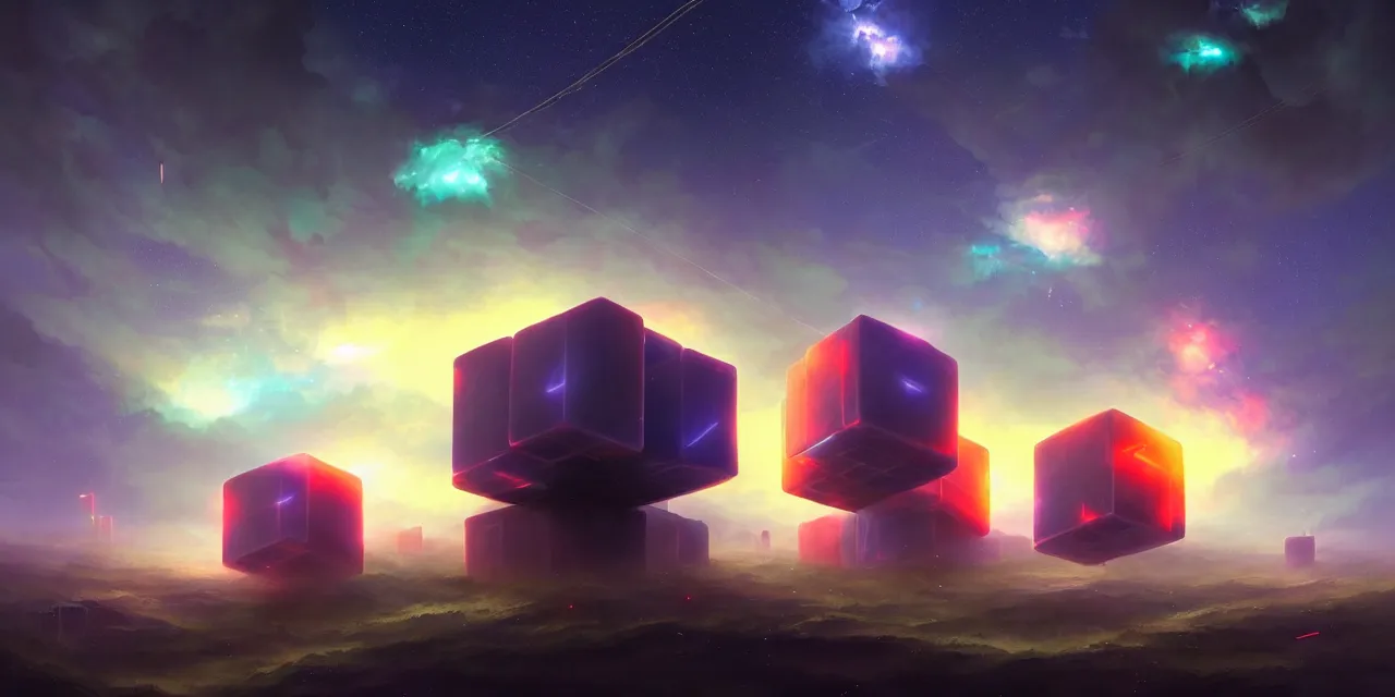 Prompt: a fleet of giant glowing futuristic cubes tied to each other with lots of thick messy wires in the sky, a fantasy magical landscape seen in the distance, atmospheric lighting, intricate, volumetric lighting, beautiful, sharp focus, ultra detailed, in the art style of marc simonetti, bowater charlie and brom gerald, astrophotography