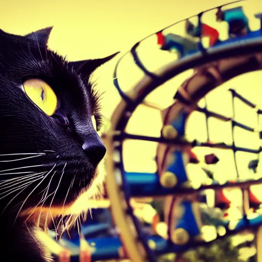 Image similar to black cat on a rollercoaster looping. focus on cats face. sunlight. polaroid photo. bright colors.