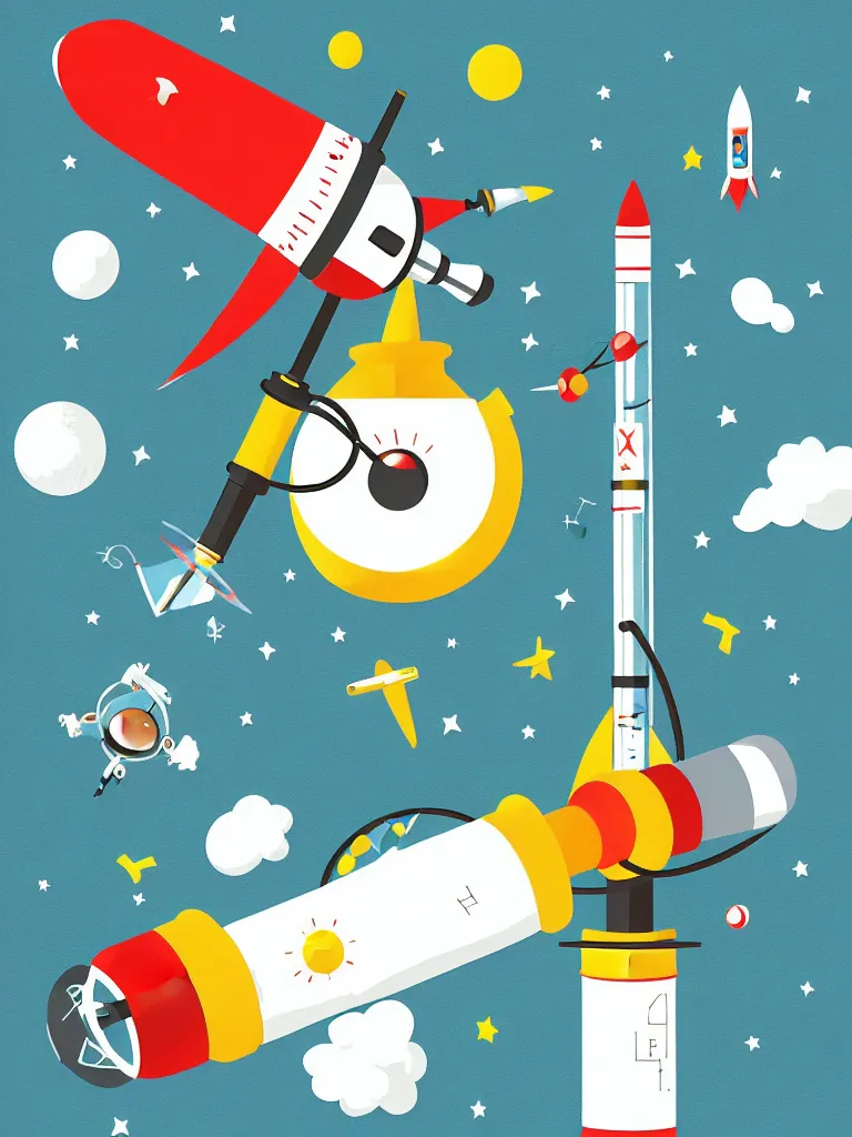 Prompt: editorial illustration scientific lab test tube telescope microscope astronaut rocket, colorful modern, mads berg