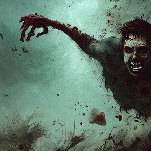 Image similar to a man swimming underwater in a zombie apocalypse by greg rutkowski