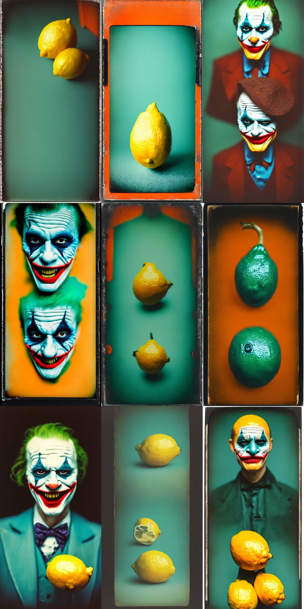 Image similar to kodak portra 4 0 0, wetplate, 8 k, shot of a highly detailed, britt marling style, colour still - life portrait of a lemon looks like 1 9 9 9 joker, teal and orange, muted coloures