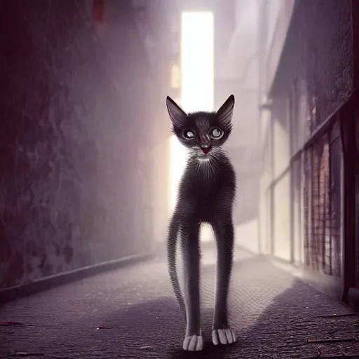 Image similar to skinny emaciated starving kitten in a dark dank alleyway, dramatic lighting, cinematic, establishing shot, extremely high detail, foto realistic, cinematic lighting, post processed, concept art, high details, cinematic, 8k resolution, beautiful detailed, photorealistic, digital painting, artstation, concept art, smooth, sharp focus, artstation trending, octane render, unreal engine