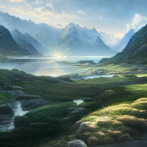 Image similar to a beautiful painting of a scene about a panorama of rivers and mountains, by victo nagi and yuumei and james jean, trending on artstation., ultrawide viewn and highly detailed matte painting - h 6 4 0 - w 1 2 8 0