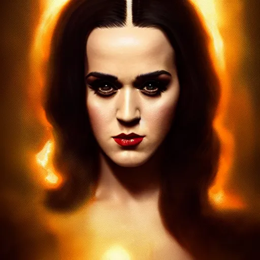 Image similar to majestic gracious regal katy perry brunette vampire portrait, atmospheric lighting, painted, menacing, intricate, volumetric lighting, beautiful, rich deep colours masterpiece, golden hour, sharp focus, ultra detailed, by leesha hannigan, ross tran, thierry doizon, kai carpenter, ignacio fernandez rios