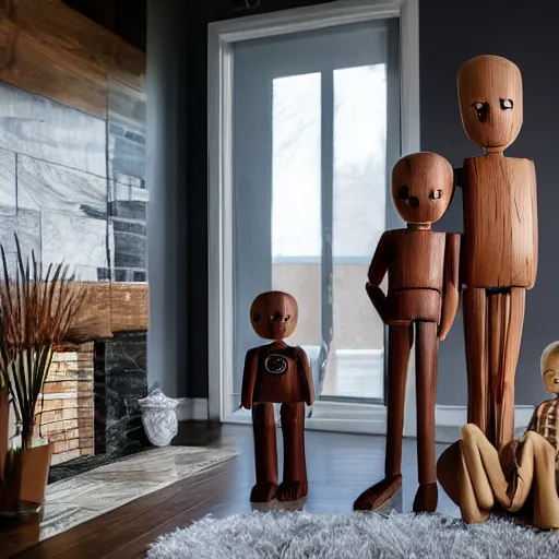 Prompt: a real estate home interior photo. a creepy wooden mannequin family,