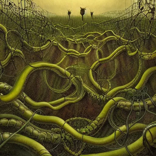 Image similar to a hyperrealistic painting of a psychedelic nightmare landscape, worms, bees, vines, by anton semenov and santiago caruso, highly detailed, vivid color,