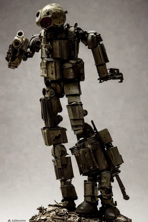 Image similar to a cinematic photo shot of a beautiful 1 : 6 scale threea toys figurine by ashley wood, world war one robot,, intricate dark background, dramatic light