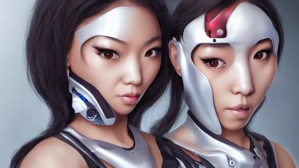 Prompt: portrait of a cyborg asian girl wearing an Ikeuchi mask by Artgerm, biomechanical, hyper detailled, trending on artstation