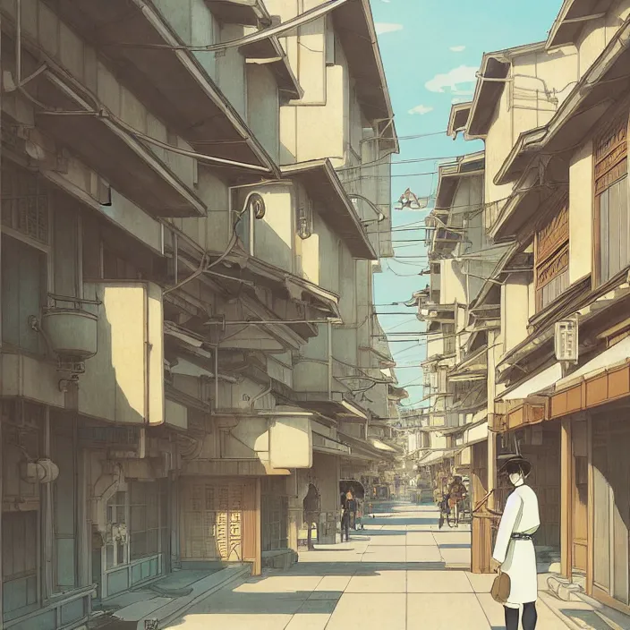 Image similar to empty japanese city, spring, in the style of studio ghibli, j. c. leyendecker, greg rutkowski, artem