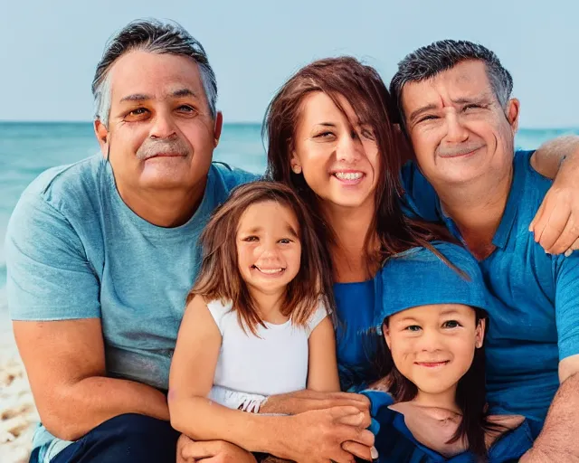 Image similar to happy father, mother, son, daughter, pose portrait on beach, realistic faces