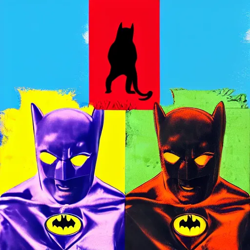 Prompt: multicolor 3 d render of batman with cat on red square by andy warhol created at modern world in 4 k ultra high resolution, with funny feeling