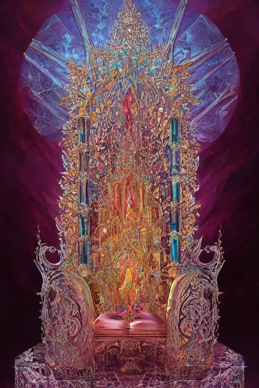 Image similar to highly detailed, intricate beautifully stunning picture of a beautiful ornate ethereal iridescent crystal throne, by disney, andrei riabovitchev, and peter mohrbacher