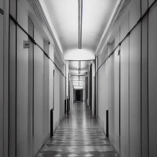 Image similar to noisy color photograph of a liminal space, wide hallways with high ceilings, minimalist, oddly familiar, cinematic, dramatic lighting, soft vintage glow