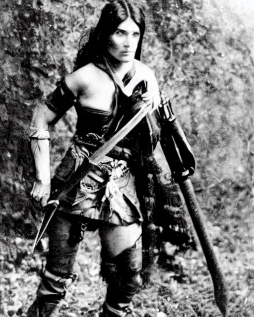 Prompt: female half orc with brown hair, melee weapons, leather clothing, photo by gertrude kasebier