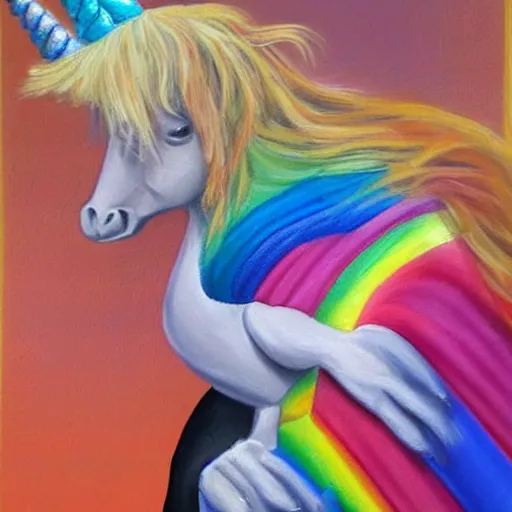 Image similar to a realistic painting of donald trump riding a rainbow unicorn