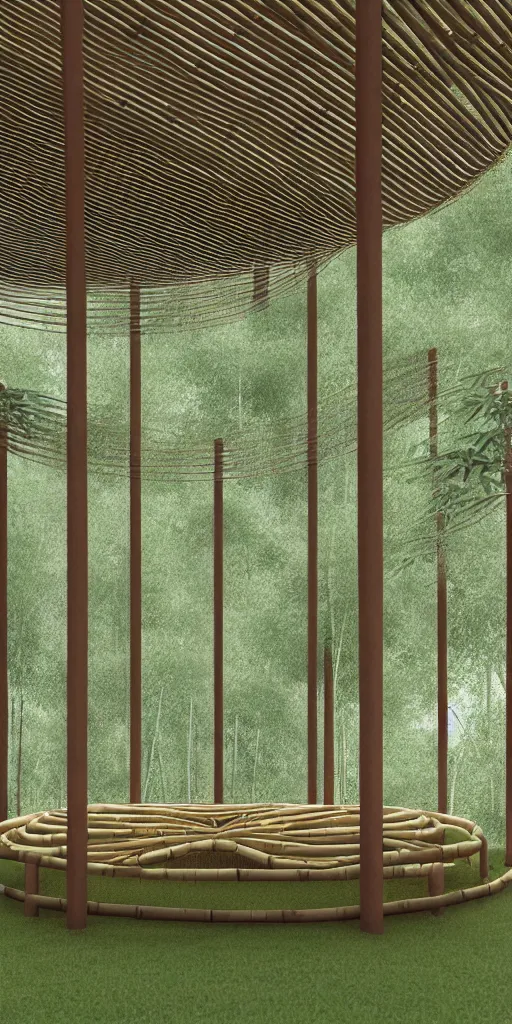 Image similar to photo of a bamboo pavilion with hundreds of thin steel round columns. corona render